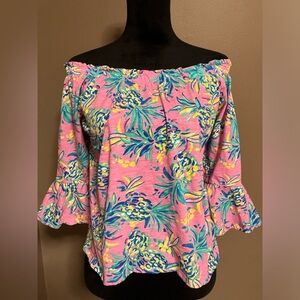 Stella Parker Ruffle Neck 3/4 Sleeve Top Shirt M Pineapple Graphic Pink Cotton